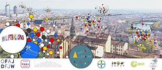 Dessin : des ballons colorés survolant la ville de Lyon