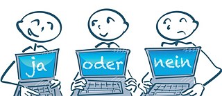 Trois bonhommes avec des ordinateurs, texte: Oui ou Non