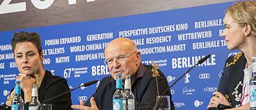 Susanne Wolff, Volker Schlöndorff and Nina Hoss at the press conference of Return to Montauk at the 2017 Berlin International Film Festival.