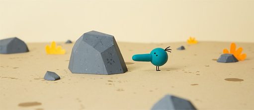 Un petit oiseau bleu parmi des pierres et des plantes dans le sable (infographie)