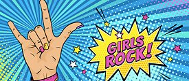Illustration: "Girls rock" lettering in comic style, a hand extending thumb, index finger and little finger