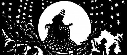 Eine Hexe vor einem Sternenhintergrund und dem Vollmond