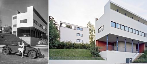 a sinistra: “Signora automobilista” con Mercedes-Benz davanti alla casa di Le Corbusier | 1928; a destra: La bifamiliare di Le Corbusier | Quartiere Weißenhof | Stoccarda
