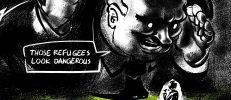 Schwarzweiß Zeichnung eines übergroßen Mannes, der einem kleinen Mann zuflüstert: Those refugees look dangerous.