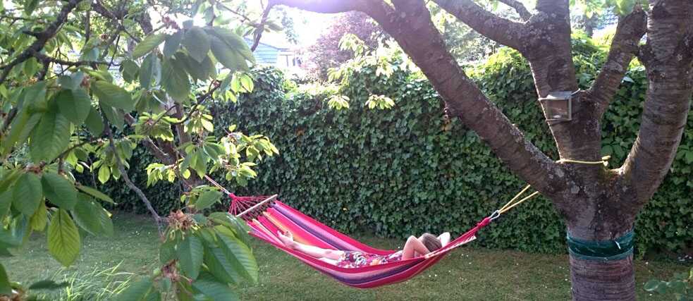 Eine junge Frau liegt in einer Hängematte im Garten.