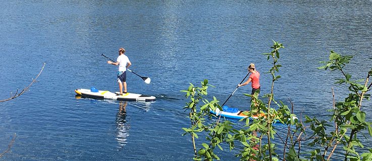 A man and a woman are doing stand-up paddling.