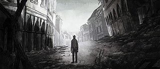 Szene aus Chris the Swiss, Trickfilm, schwarzweiß, Mann vor Trümmerlandschaft &copy; Midnight Sun Film Festival Chriss the Swiss