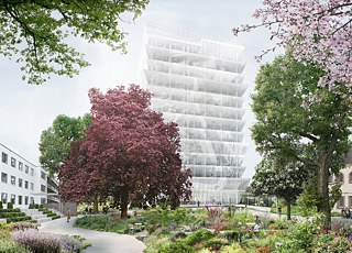 Entwurf des UN-Gebäudes in Bonn. Die Fassade ist so gestaltet, dass sie die ersten Sonnenstrahlen widerspiegelt und sich im Sommer nicht aufheizt, und der kleine Garten vereint symbolisch alle Länder: Jede/r Delegierte soll hier nach dem Plan des Architekten-Teams eine eigene Pflanze einsetzen.