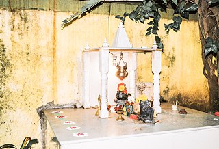 Hindu shrine with the trishul (trident) and bull, considered signs of the god Shiva