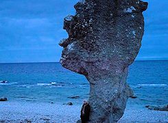 Film 'À la recherche d’Ingmar Bergman'. Au premmier plan, un énorme rocher en forme de visage, sur une plage, de nuit.