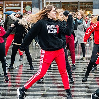 The global flash mob movement “One Billion Rising” protests violence against women, as here in February 2018 in Tilburg, the Netherlands. 