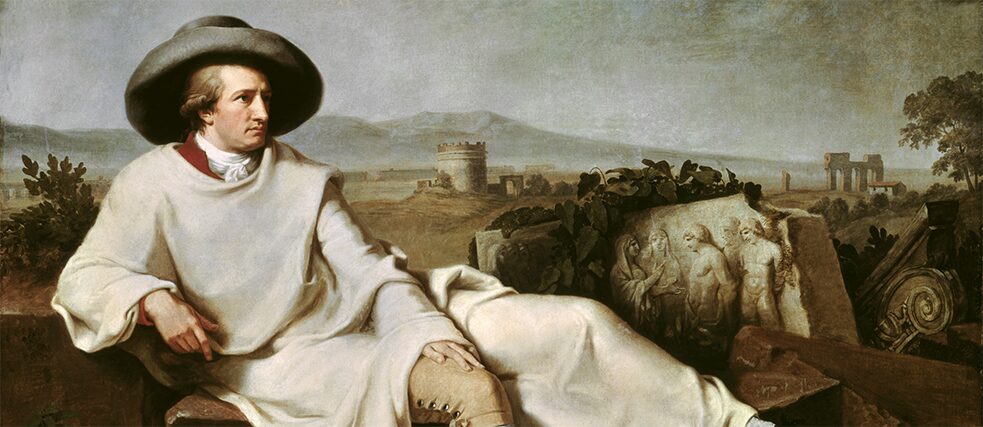 Schilderij van Goethe zittend voor een oud landschap, met een hoed en witte overjas.