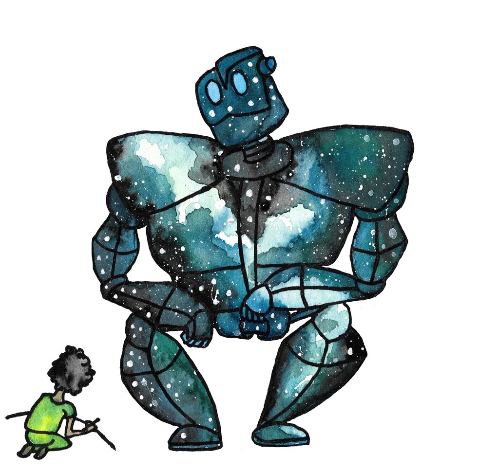 Watercolour drawing of a large robot in shades of green, light blue, and dark blue watching a young boy sitting in front of him, handling a kind of stick.