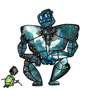 Aquarellbild eines übergroßen Roboters in den Farben Grün, Hellblau und Dunkelblau, der einen Jungen dabei beobachtet, wie er eine Linie auf den Boden zeichnet © ©Goethe-Institut/Laura Pannasch Roborter blau, Illustration von Laura Pannasch