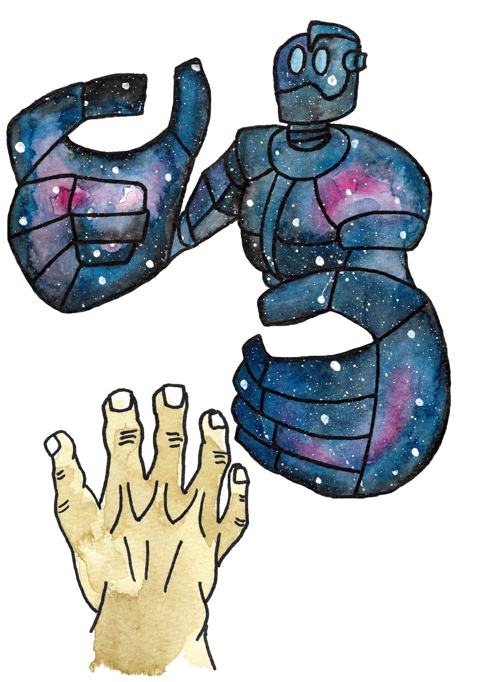 Watercolour drawing of large robot in shades of blue and pink reaching out his hands to another hand.