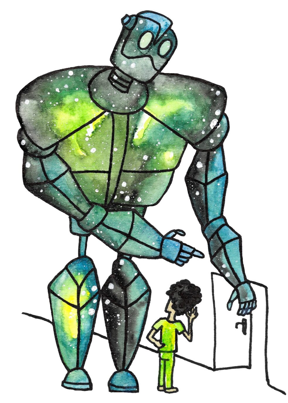 Aquarellbild eines übergroßen Roboters in den Farben Grün und Blau, der einen Jungen auf eine offene Tür verweist