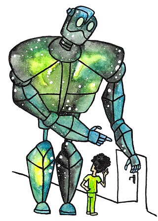 Aquarellbild eines übergroßen Roboters in den Farben Grün und Blau, der einen Jungen auf eine offene Tür verweist © Goethe-Institut/Laura Pannasch Roborter grün, Illustration von Laura Pannasch