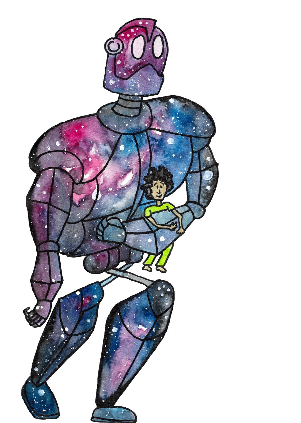 Watercolour drawing of a robot in shades of blue and pink carrying the young boy in its arms.