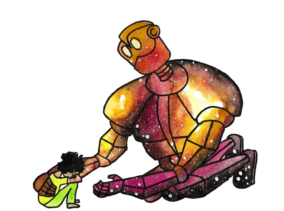 Aquarellbild eines übergroßen Roboters in den Farben Gelb, Violett und Rot, der ein auf dem Boden sitzendes Kind tröstet