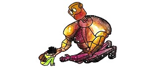 رسم بالألوان المائية لرجل آلي ضخم أصفر، ووردي، وأحمر يمد يد العون إلى طفل صغير يجلس على الأرض.