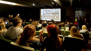 Visitors at the opening of Moving Away: The Internationalist Architect