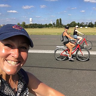 Bicycle tour guide Merren at Tempelhofer Feld. 