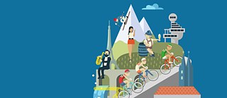 Illustratie met verschillende figuren op een berg: skiër, fietser, man met saxofoon, man met leren broek en bier