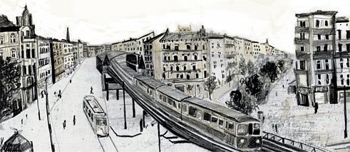 S-Bahn auf Hochgleisen in Großstadt (Zeichnung)
