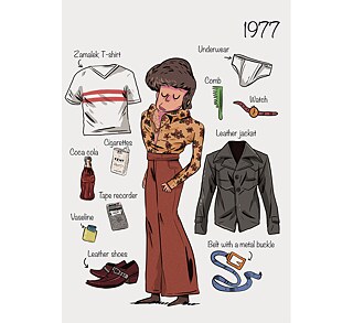 Slide 12: Drawing of a man, surrounded by items. In the top right corner: 1977. Drawing of a Zamalek T-shirt, Underwear, a green comb, a watch, a pack of cigarettes, a bottle of Coca Cola, a black leather jacket, a tape recorder, a tube of vaseline, brown leather shoes, and a blue belt with a metal buckle.				