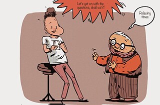 The young man sitting on a stool, holding his phone. On the right the elderly man saying "Relaxing times". Above them the announcement "Let's get on with the questions shall we?"