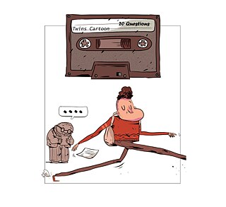Graphic Novel Drawing. On the top a cassette with the title "Twenty Questions" and "Twins Cartoon", on the left and elderly man reading a piece of paper, above him a speech bubble with four dots. In the front a young man walking with his chin up and eyes closed.