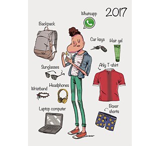 Drawing of a man, surrounded by items. In the top right corner: 2017. Drawing of a bagpack, the WhatsApp logo, car keys, hair gel, an Ahly T-shirt, black sunglasses, headphones, a wristband, boyer shorts, and a Laptop computer.