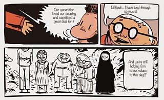 Three images: Speech bubble "Our generation loved our country and sacrificed a great deal for it" Next image: the elderly man saying "Difficult… I have lived though so much!!" Next: black and white drawing of five elderly people with the speech bubble "And we're still holding firm to our values to this day!!!"