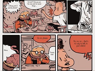 Five images. First: the two men sitting at a restaurant, in the back someone is saying "1 ordinary and 2 special please". The young man is standing and angrily saying to the man "Us lost? But you are the ones who've ruined things…". Next image of someone pouring soup in a bowl. Next image a cat eating. Next: voice from the background saying "Go on, please", to which the elderly man responds "Thanks mate". Next image: someone angrily saying "No, no, no ... that's no way to talk to your elders!"