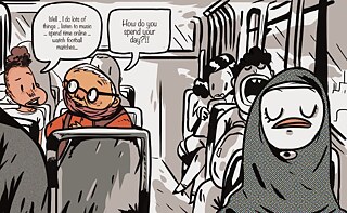 The two men sitting on the bus. The elderly man asking "How do you spend your day?" To which the young man responds "Well.. I do lots of things .. listen to music … spend time online … watch football matches..."