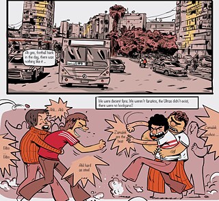 Two images. On the top a street lined by tall builings, a bus and cars on the street, a speech bubble "Ah yes, football back in the day, there was nothing like it…". Bottom image: description "We were decent fans. We weren't fanatics, the Ultras didn't exist, there were no hooligans!!" Underneath two guys trying to fight, being held back by someone else. Speech bubbles "Bibo... Bibo" "Ahli hard as steel", "Zamalek are the best", "Zamalek wohoo"