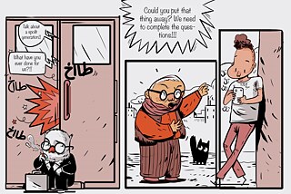 Two images. On the left an old man is sitting with a briefcase in front of a door. Behind the door angry speech bubbles "Talk about a spoilt generation!!" and "What have you ever done for us?!!". Next image the elderly man angrily saying to the young boy who is leaning against a wall while holding his phone "Could you put that thing away? We need to complete the questions!!!". A black cat in the background watches.