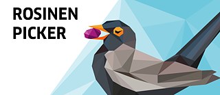 Gezeichneter Vogel mit Rosine im Schnabel und der Schriftzug Rosinenpicker