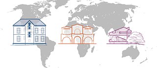 Illustration: Weltkarte mit drei unterschiedlichen, farbigen Gebäuden im Vordergrund. 