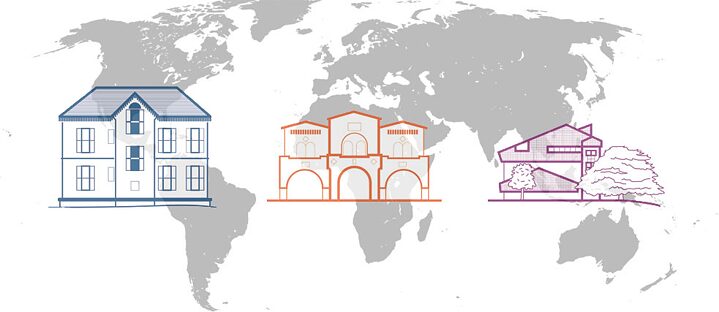 Illustration: Weltkarte mit drei unterschiedlichen, farbigen Gebäuden im Vordergrund. 