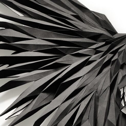 An artistically folded top looks like the wing of a bird.