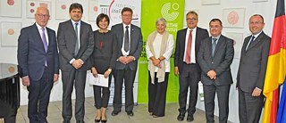 (From left to right) Max Maldacker (German Consul General in Lyon), Ugo Ciarlatani (First Counsellor of the Italian Embassy in Paris), Anna Pastore (director of the Italian Cultural Institute of Lyon), Joachim Umlauf (director of the Goethe-Institut Lyon and Marseille), Susanne Höhn (director of the Goethe-Institut Brussels and the region of Southwestern Europe), Denis Broliquier (mayor of the second district in Lyon), Alberto Bertoni (Italian Consul General Lyon), Giuseppe Pastorelli (Counsellor of the Italian Foreign Office)