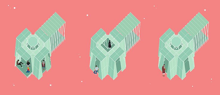 Visualisierung von drei grünen, kleinen, modernen Gebäuden mit Personen aus der Vogelperspektive