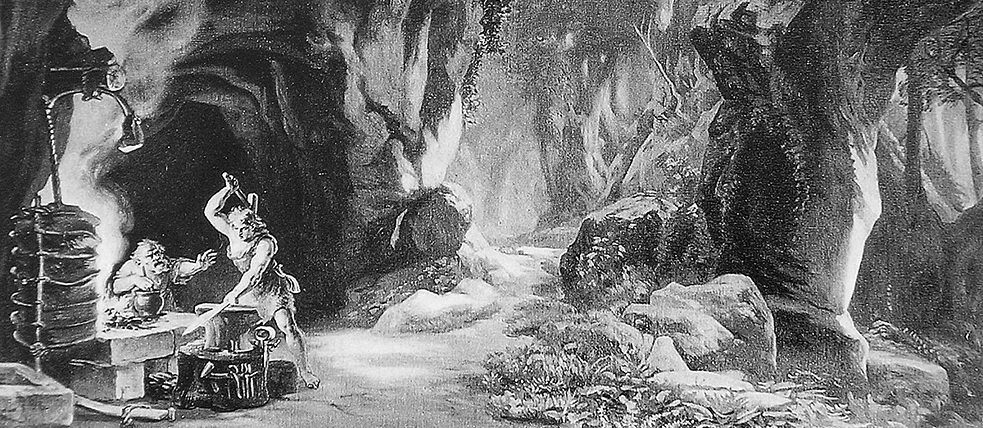 Bühnenbildentwurf für Bayreuth von J. Hoffmann (1876): „Siegfried“