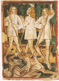 Die Ermordung Siegfrieds in einem handschriftlichen Manuskript des „Nibelungenlieds“ aus dem 15. Jahrhundert 
