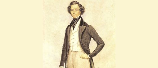 Gemaltes Porträt von Mendelssohn aus dem Jahr 1830, stehend mit Hut in der rechten Hand