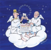 De Gaulle et Adenauer trinquent avec du champagne sur un nuage (dessin de Dieter Hanitzsch) &copy; © Goethe-Institut Lyon / CIDAL De Gaulle et Adenauer