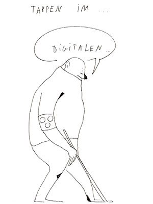 <b>Você também se sente assim?</b> Enquanto navegamos na internet e nos softwares populares como um peixe na água, ficamos em parte completamente às cegas a respeito dos mecanismos que estão por trás disso. Que rastros deixamos? Quem os pode ler? E quais decisões dependem disso? <i>Texto da ilustração: Tateando no digital.</i>