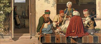  Eine Schachpartie vor einem türkischen Kaffeehaus und Barbierladen, 1845.