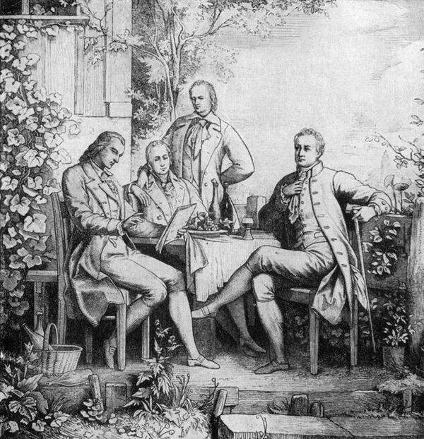 Friedrich Schiller com Wilhelm e Alexander von Humboldt e Johann Wolfgang von   Goethe no   jardim  de Schiller em Jena